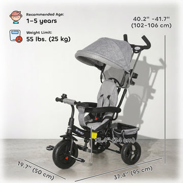 Qaba 6 in 1 Toddler Tricycle Stroller with Basket, Canopy, 5-point Safety Harness, for 12-60 Months, Grey