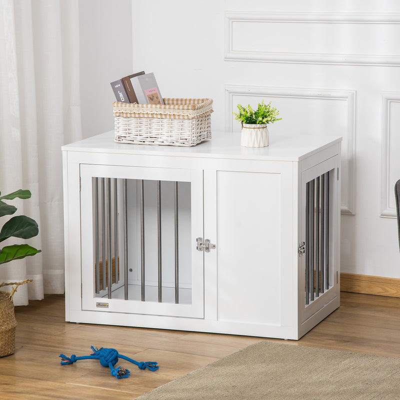 2-in-1 Dog Cage and Side Table, with Two Lockable Doors, for Medium Dogs - White