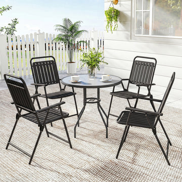 Folding Garden Chairs, Garden Dining Chairs with Plastic Slatted Seat Back, Armrests, Steel Frame, Set of 4, Black