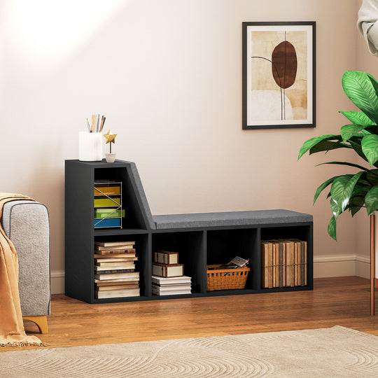 Multi-Purpose Bookshelf with 5 Cubes, 5-Cubby Bookcase with Cushioned Reading Nook and Storage Shelves, Distressed Black