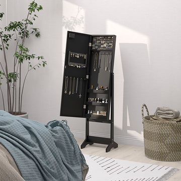 Free Standing Armoire Organizer, Lighted Mirrored Jewelry Cabinet w/ Angle Adjustable & 16 LED Lights Black