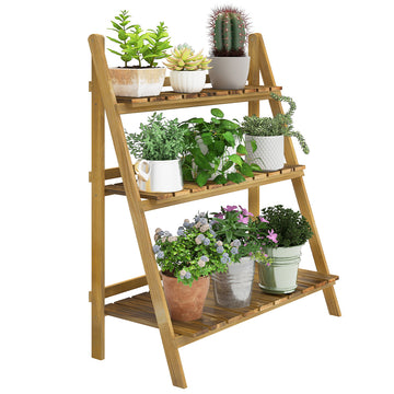 Outdoor Plant Stand, Foldable 3-Tier Wooden Plant Shelf