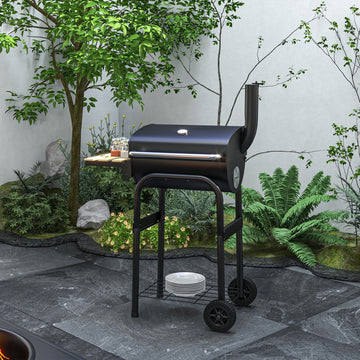 Charcoal Barbecue Grill, BBQ with Thermometer, Shelves and Wheels, Black