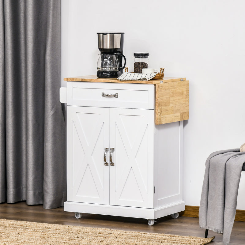 Foldable Kitchen Island with Storage Drawer, Farmhouse Style Rolling Utility Cart, Coffee Bar Cabinet on Wheels with Drop-Leaf Wood Top