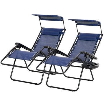 2 Piece Foldable Lounge Chair with Canopy Shade, Outdoor Zero Gravity Chair w/ Side Tray & Cup Holder, Reclining Lounger w/ Breathable Mesh Fabric Seat, Pillow, Blue
