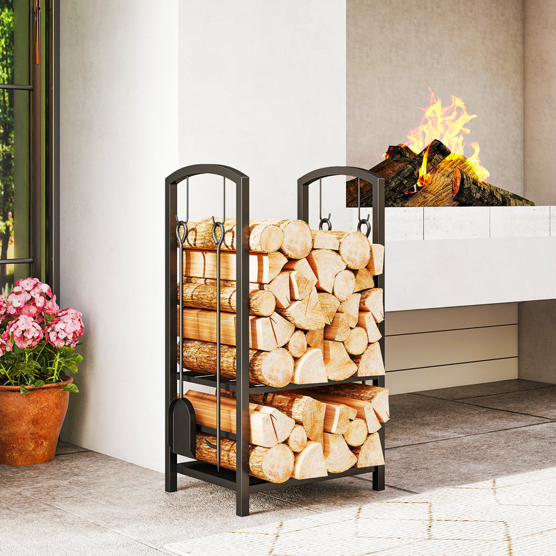 2-Tier Firewood Log Rack with 4 Tools, Fireplace Wood Storage Holder with Shovel, Broom, Poker, Tongs and Hooks, Black
