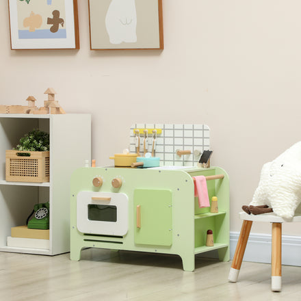 Kids Kitchen Playset with 15 Accessories, Microwave Oven, Cabinets, for Boys and Girls Ages 3+, Green