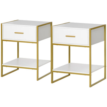 Nightstand Set of 2, Modern Bedside Table with Drawer and Shelf, Bedside Cabinets for Bedroom, White