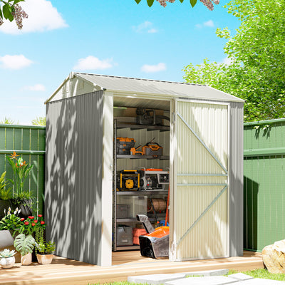 7' x 6' Tall Outdoor Storage Shed, Waterproof Metal Garden Shed with Gloves, Lockable Door, Silver