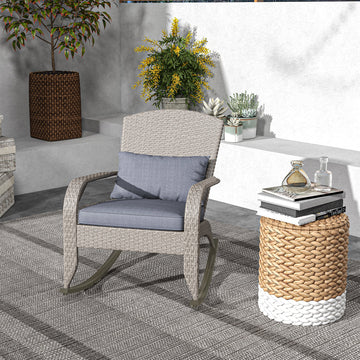 Adirondack Chair, Outdoor Wicker Rocking Chair with High Back, Seat Cushion and Pillow for Porch, Balcony, Grey
