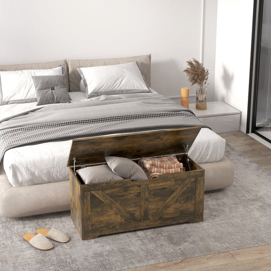 39.4 Inches Storage Chest, Storage Trunk with 2 Safety Hinges for Living Room, Brown Wood Grain