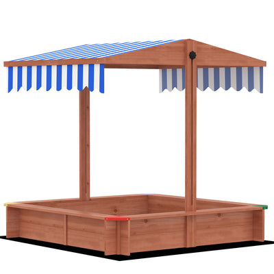 Wooden Sandbox with Cover, Kids Sandbox Outdoor with Adjustable Canopy and Seats for Backyard, Beach, Dark Brown