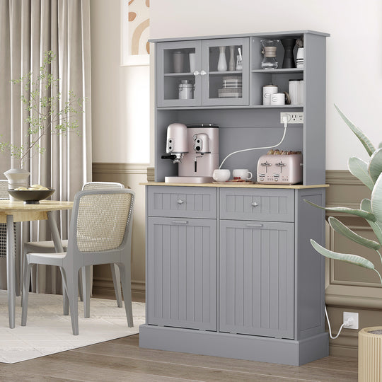 Kitchen Cabinet with Charging Station, 2 Tilt Out Cabinets, Microwave Stand, Freestanding Kitchen Pantry Cabinet, Grey