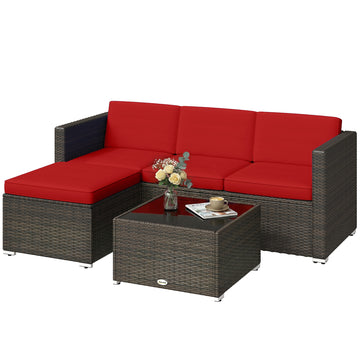 3 Pieces Patio Furniture Set with Cushions, Outdoor PE Rattan Wicker Conversation Corner Sofa Set with Glass Top Table, Red