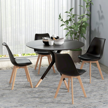 Modern Dining Table Chairs Set of 4, Rubber Wood Kitchen Table Chairs with PU Leather Cushion for Living Room, Bedroom, Black