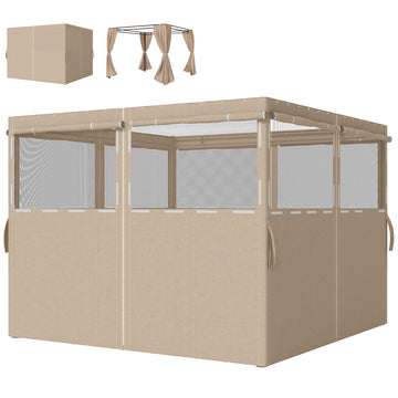 Gazebo Curtains, 10' x 10' Universal Replacement Privacy Curtain, 4-Panels Sidewall with Roll up Mesh Windows, Khaki