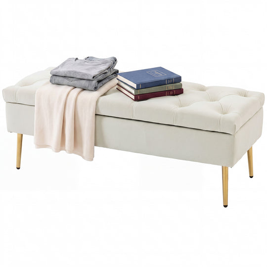 Upholstered Bedroom Bench with Gold Tone Metal Legs, Velvet Tufted and Thick Padding, Beige