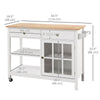 Kitchen Cart on Wheels, Utility Storage Island with Rubber Wood Top, Towel Rack, Cabinets, Drawers, White