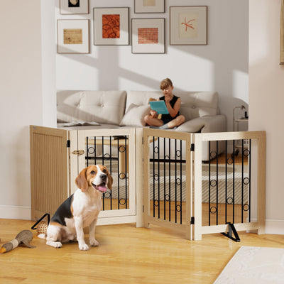 reestanding Dog Gate, Wooden Foldable Pet Gate with 4 Panels, Walk-Through Door, Support Feet, Non-Slip Mats