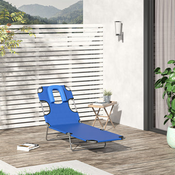 Outdoor Lounge Chair, Adjustable Folding Chaise Lounge with Face Cavity, Tanning Chair Sun Lounger Bed Recliner, Blue