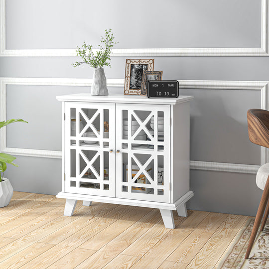 Storage Cabinet with Fretwork Doors and Shelf, Modern Freestanding Sideboard, Buffet, White