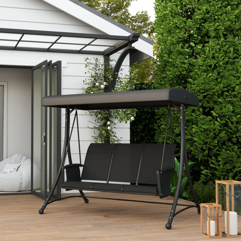 3 Person Porch Swing Outdoor Swing Chair with High Back Design, Side Pouches and Adjustable Canopy, Black
