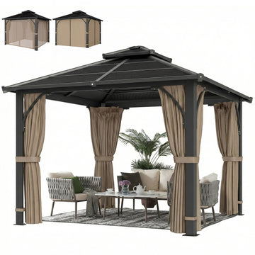 10' x 10' Hardtop Gazebo with 7mm Polycarbonate Double-Tier Roof, Outdoor Gazebo with Netting and Curtains