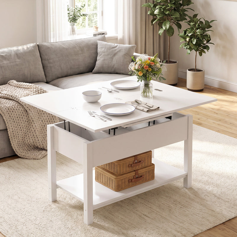 Lift Top Coffee Table with Storage and Hidden Compartment, Modern Convertible Center Table for Living Room, White