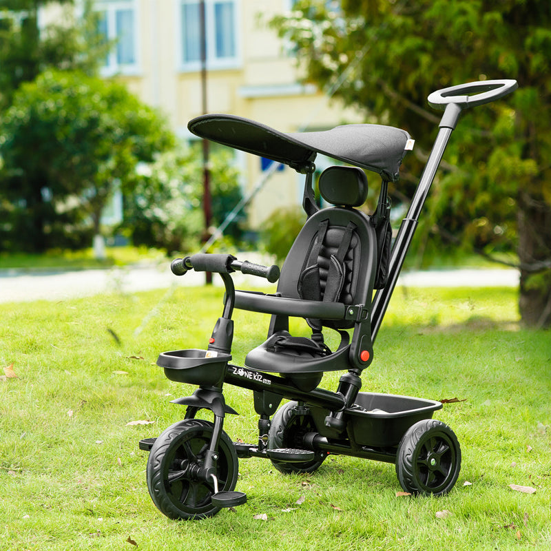 Qaba Tricycle for Toddler 4 in 1 Kids Trike with Reversible Adjustable Seat, Baby Push Bike with Removable Handle, Flat Canopy, Belt Storage Brake Clutch for 1-5 Years, Black