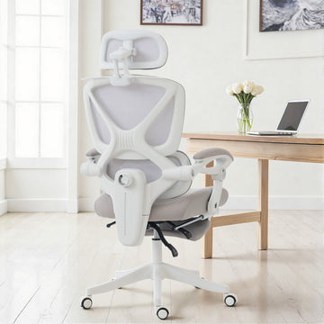 Mesh Desk Chair with Adjustable Headrest, Reclining Ergonomic Office Chair with Footrest, Light Grey