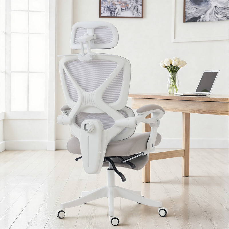 Mesh Desk Chair with Adjustable Headrest, Reclining Ergonomic Office Chair with Footrest, Light Grey