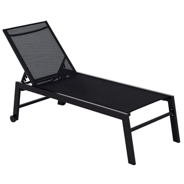 Outdoor Lounge Chair, Patio Lounger with 5-Position Reclining Backrest and 2 Wheels for Poolside, Beach, Lawn, Black