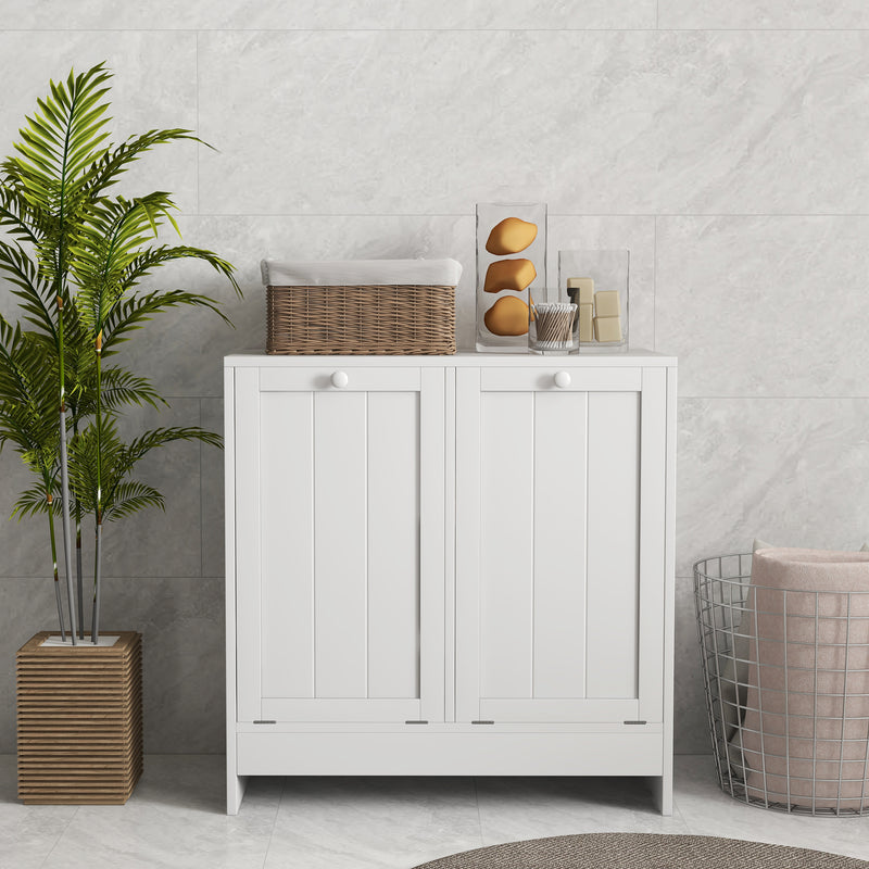 Tilt-Out Laundry Storage Cabinet, Modern Laundry Hamper with 2 Compartments for Bathroom Washroom, White