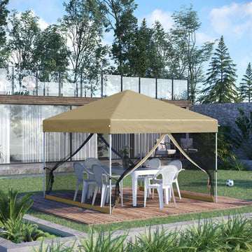 10' x 10' Pop-Up Party Tent UPF50+ Outdoor Canopy Tent with Mesh Sidewalls, 3-Level Adjustable Height, Roller Bag, Khaki