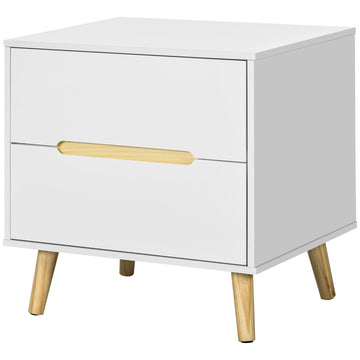 Bedside Table, Nightstand with 2 Drawers, Side Table with Pine Wood Legs for Bedroom, White