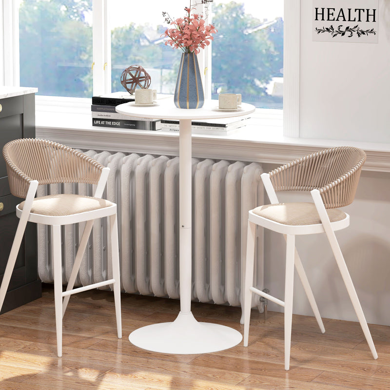 High Top Bar Table, Modern Round Dining Table with Painted Top and Steel Base, Bistro Table for 2 People, White