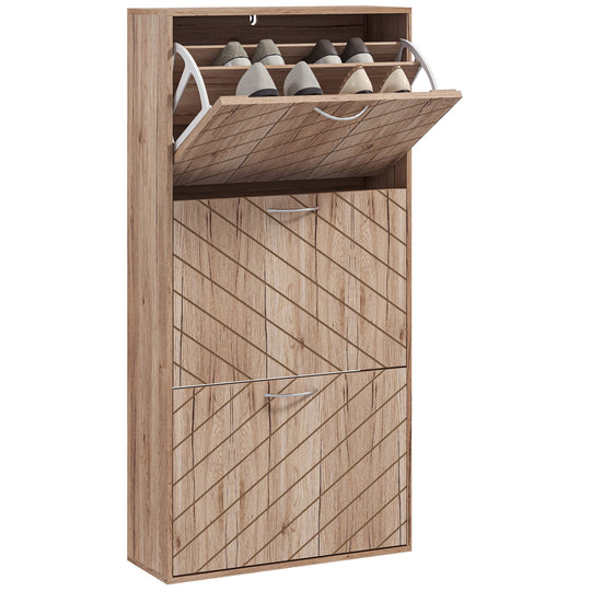 Shoe Storage Cabinet with 3 Flip Drawers, Narrow and Slim, 12 Pair of Shoes Organizer for Hallway, Entryway, Nature Wood
