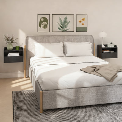 Wall Mounted Bedside Table, Set of 2 Floating Nightstand with Charging Station, Drawer and Open Shelf for Bedroom, Black