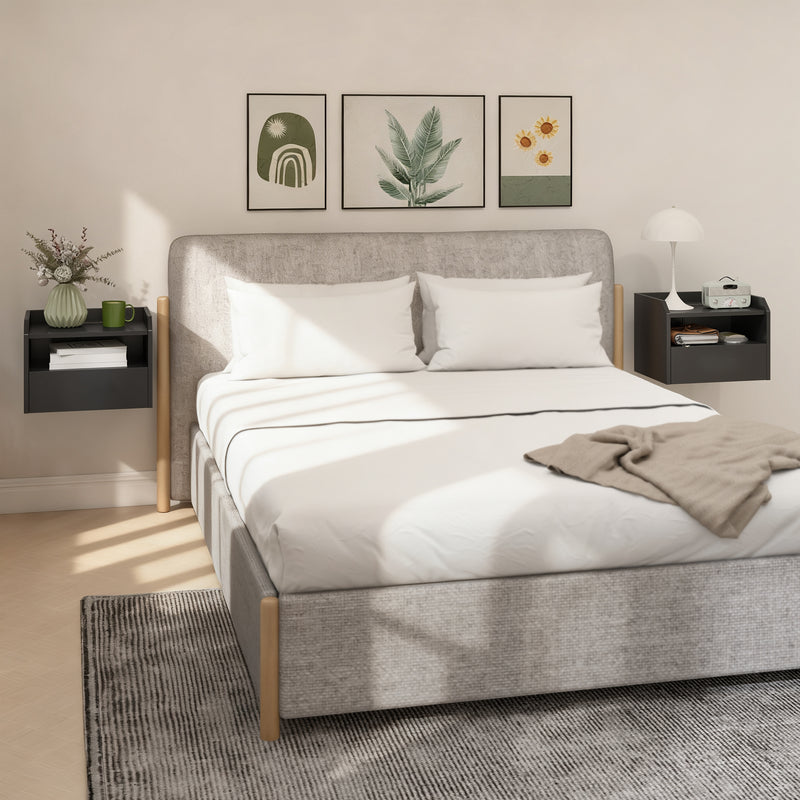 Wall Mounted Bedside Table, Set of 2 Floating Nightstand with Charging Station, Drawer and Open Shelf for Bedroom, White