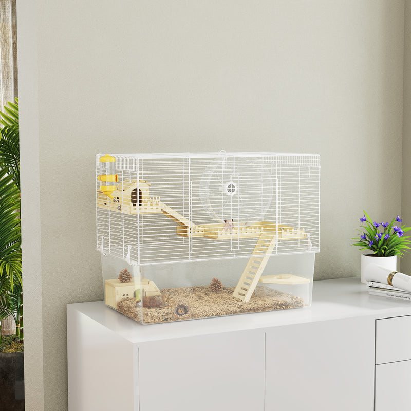 Hamster Cage with Deep Bottom, Wooden Ramp, Hut, Bathroom and Exercise Wheel for Hamster and Gerbil, White