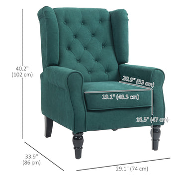 Fabric Accent Chair, Button Tufted Armchair, Upholstered Modern Living Room Chair, Wingback Chair with Wood Legs, Rolled Arms, Thick Padding for Bedroom