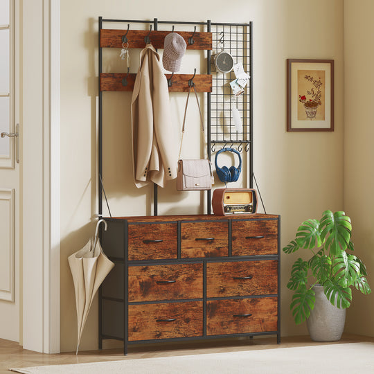 4-In-1 Coat Rack with 7 Drawer Fabric Dresser, Hall Tree with 14 Hooks for Hallway, Entryway, Bedroom, Rustic Brown