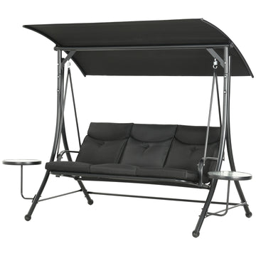 3 Seat Outdoor Swing Chair Steel Swing Bench Porch Swing With Adjustable Canopy, Coffee Tables and Cushion for Patio Garden, Dark, Black