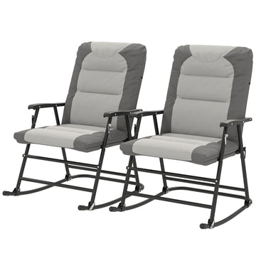 Folding Rocking Chair Set of 2 Padded Rockers with Armrest, Light Grey