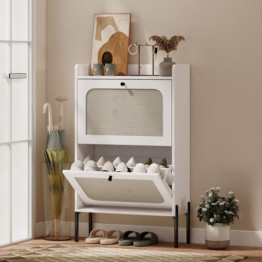 Shoe Cabinet with 2 Flip Drawers, Boho Narrow Shoe Storage Cabinet, White