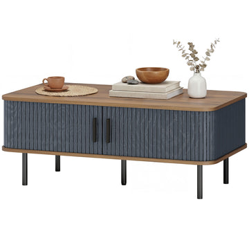 Coffee Table with Storage, Nordic Side Table with Fluted Tambour Sliding Doors and Steel Legs for Living Room, Oak