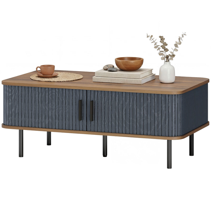 Coffee Table with Storage, Nordic Side Table with Fluted Tambour Sliding Doors and Steel Legs for Living Room, Oak