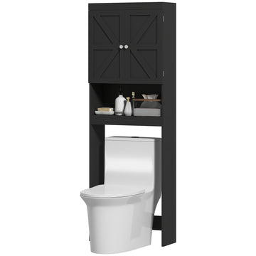 Over The Toilet Cabinet, Modern Bathroom Above Toilet Storage with Barn Doors and Open Shelf, Black