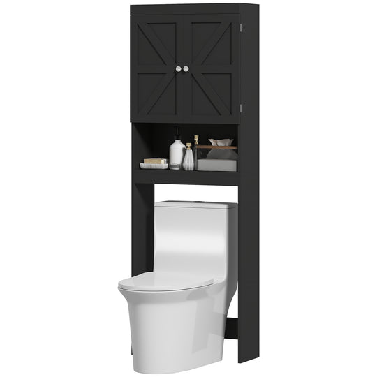 Over The Toilet Cabinet, Modern Bathroom Above Toilet Storage with Barn Doors and Open Shelf, Black