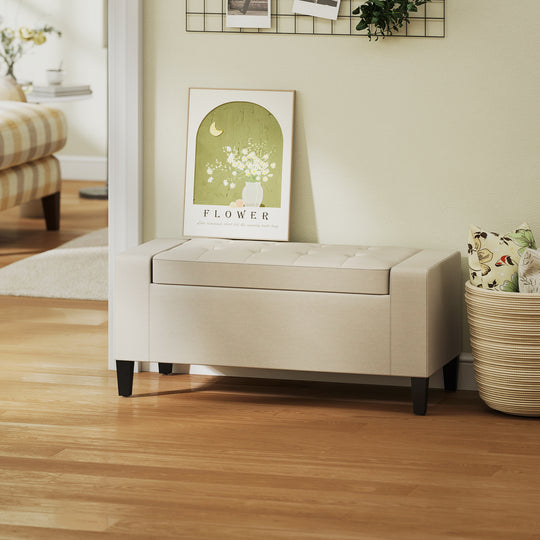 Storage Ottoman Bench Linen-Touch Fabric Tufted Chest Footstool with Flipping Top, Beige